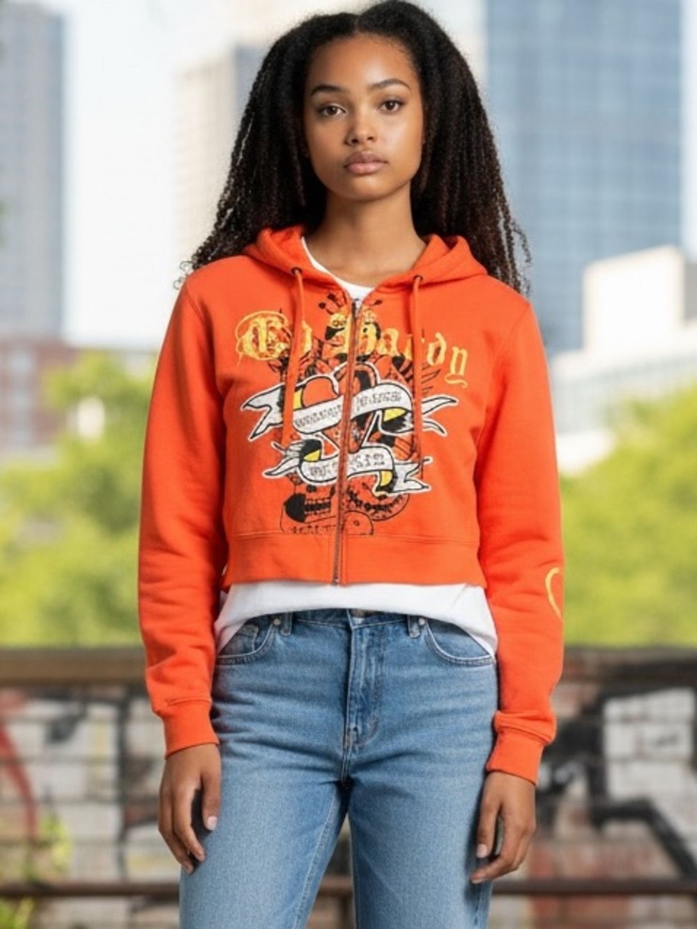 Ed Hardy Orange Zip-Up Graphic Hoodie